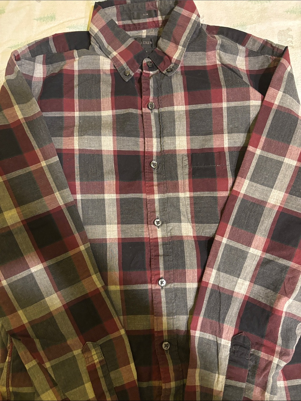 J. Crew Men's Plaid Button-Down Shirt in Burgundy, Gray and Black